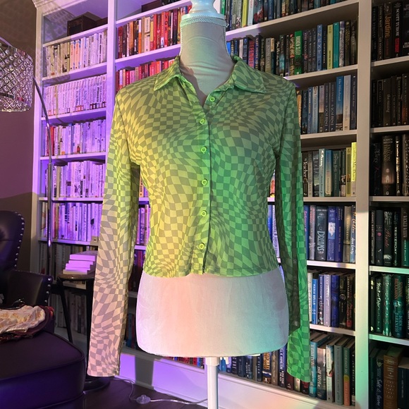 Green checkered see-through mesh trippy button up collared shirt - Picture 2 of 6